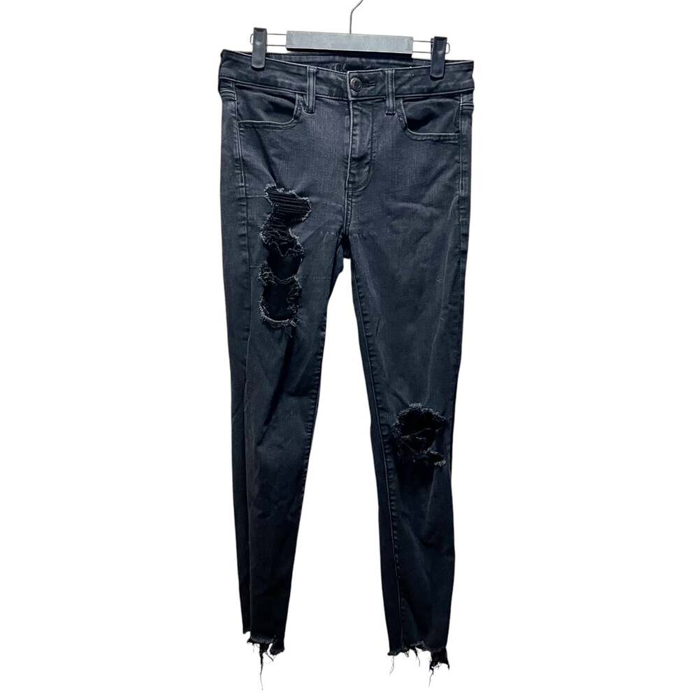 American Eagle Next Level Stretch Hi-Rise Jeggings Black Distressed Cotton Sz 6